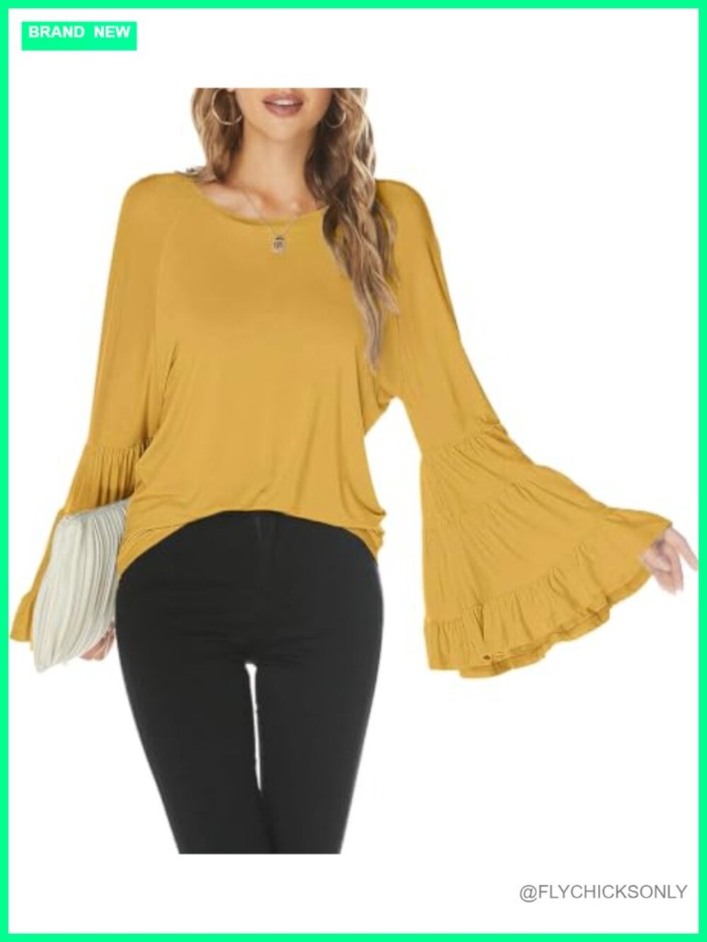 Long Bell Sleeve Blouse Loose Casual Crew Neck Flare Sleeve Top